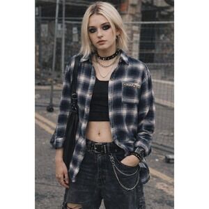 Y2 Hollister Flannel Tunic Blouse Shirt Top Women's Small Black Grey Beaded